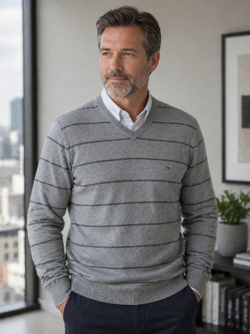 Tommy Hilfiger Men's V Neck Sweater Grey Stipe Size Large Cotton Preppy Gorpcore